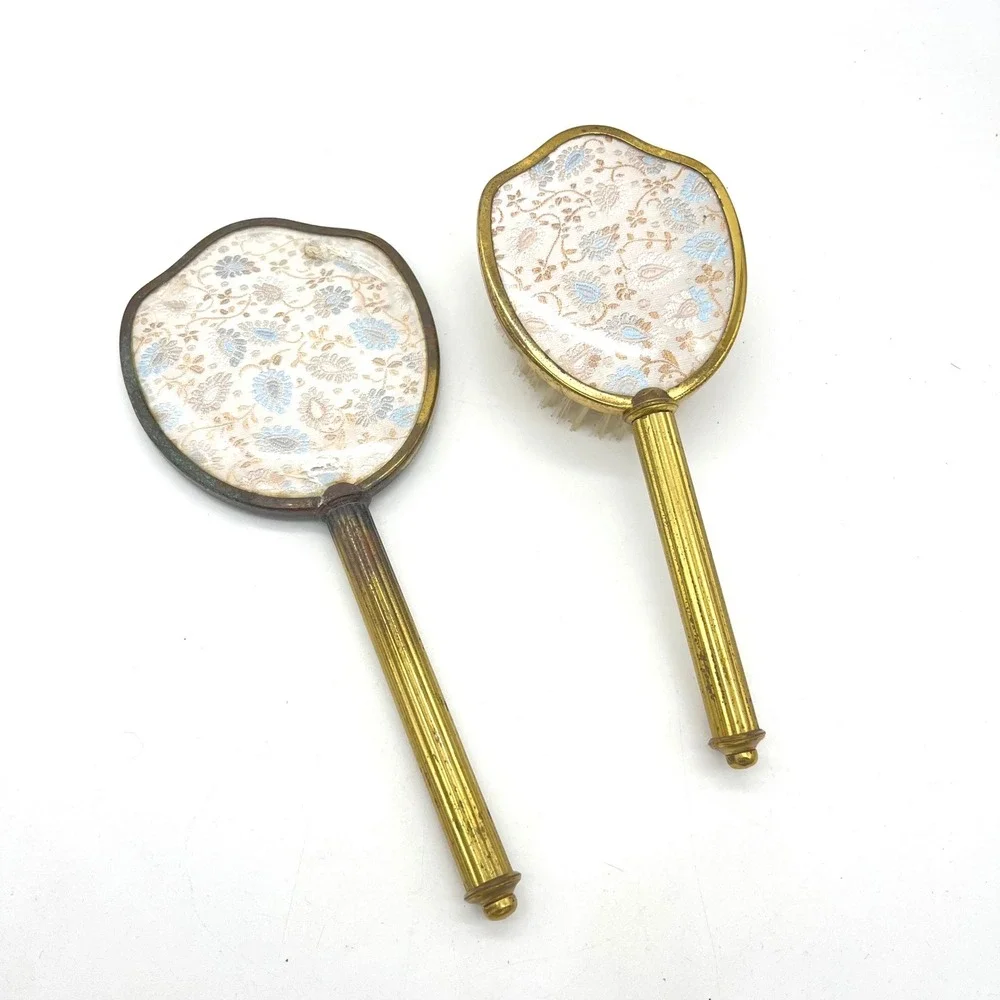 Vintage England Gold Tone Floral Brocade Hand Mirror and Brush‎ Vanity Set